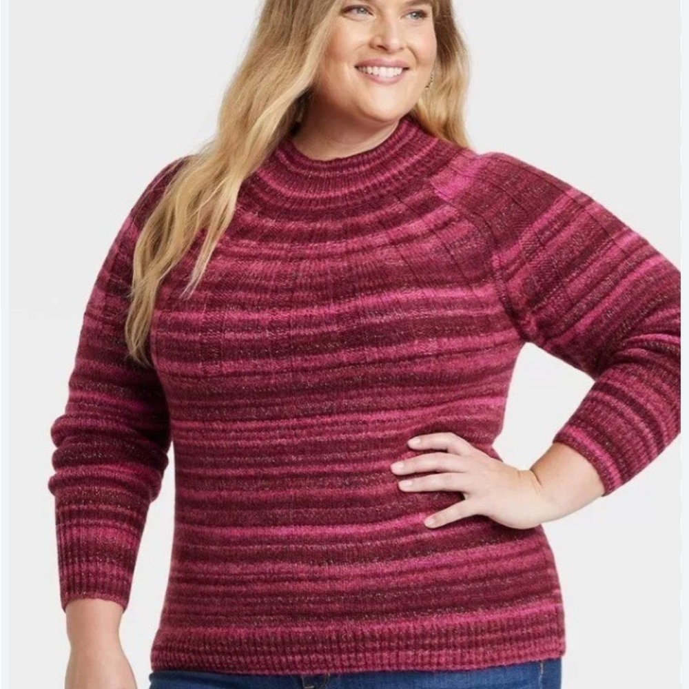 Elegant Berry Striped Turtleneck Sweater